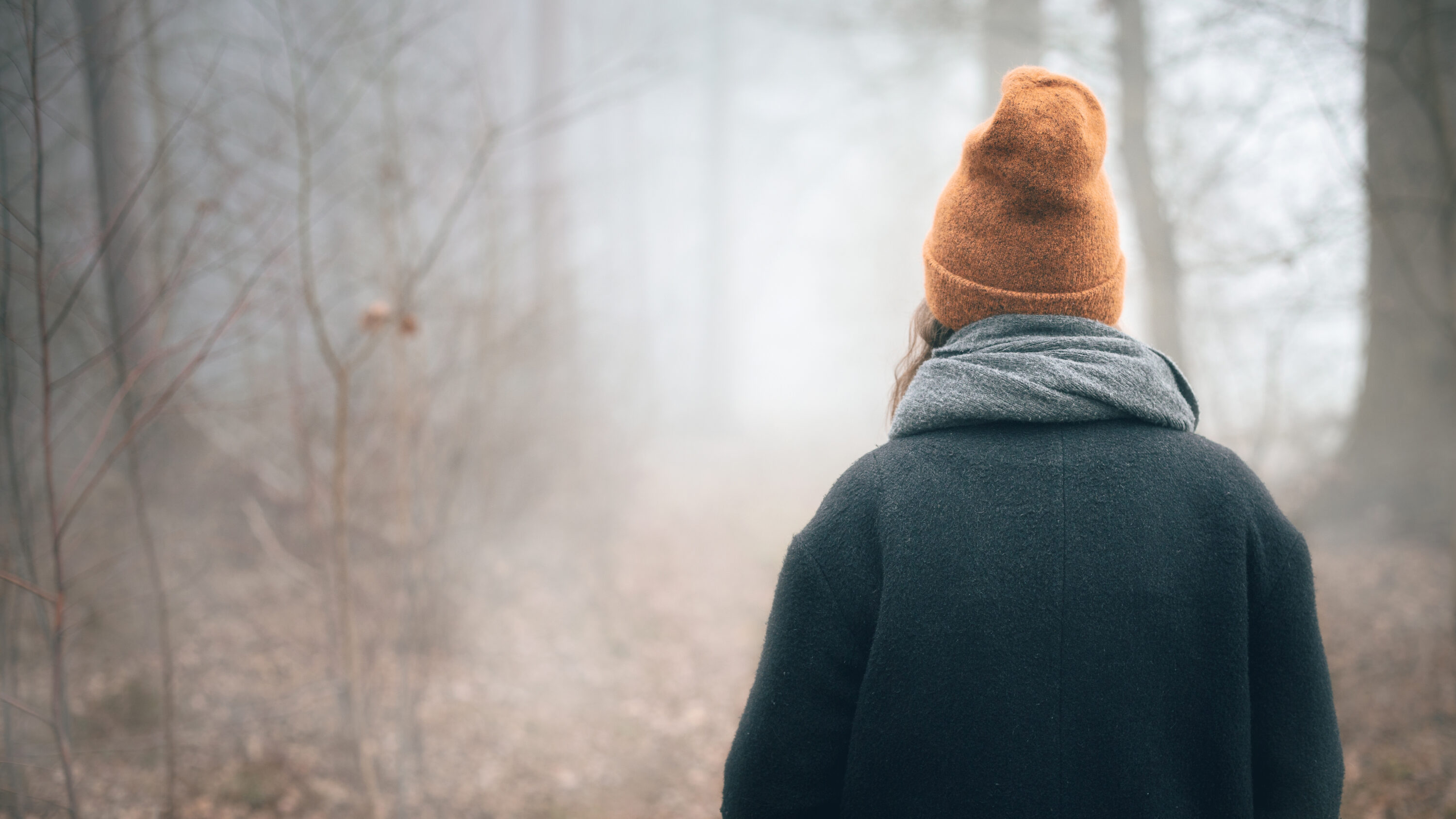 A woman in warm clothing is facing away from the camera while standing in a forest filled with fog.
